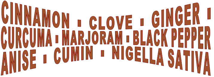 CINNAMON  -  CLOVE  -  GINGER  -  CURCUMA BLACK PEPPER  -  ANISE  -  CUMIN  -  NIGELLA SATIVA